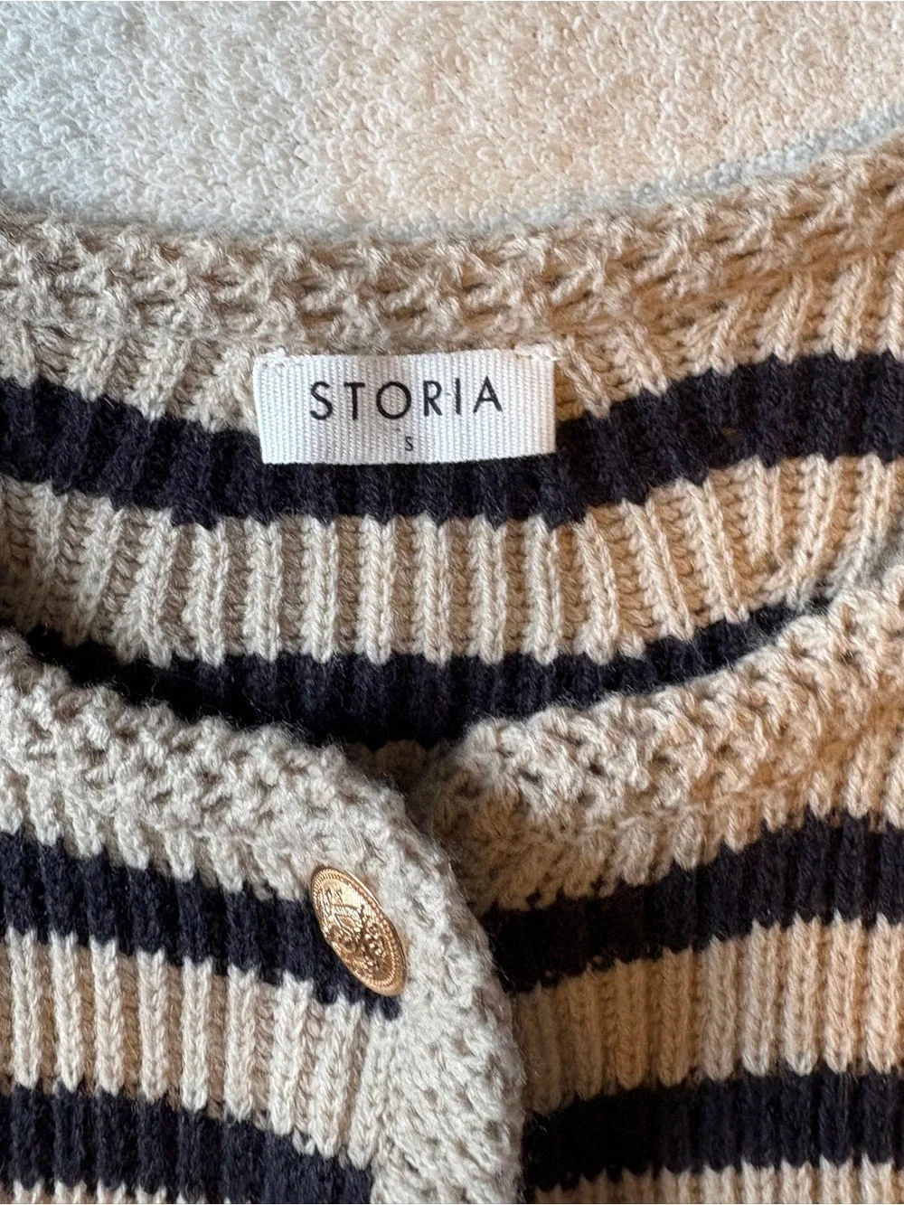 Storia Black & Tan Striped Cropped Cardigan, Gold Buttons, Women’s Sz Small